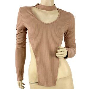 Women Antique Rose Long Sleeve Rib Halter Top Shirt High Cut Size Medium NWOT
